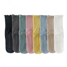2/5 Pairs Women's Random Mixed Color Ruffle Mid-Calf Yoga Socks, Full Sole Silicone Non-Slip Cotton Breathable Pilates Fitness Dance Floor Socks - 5 Pairs Of Random - View 6