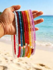 1pc European & American Bohemian Round Flat Geometric Natural Stone Cracked Effect Mixed Color Beaded Short Necklace With Freshwater Pearl And Stainless Steel Accessories, Summer Beach Vacation Wear - Stone Bead Stainless Steel Necklace - View 1