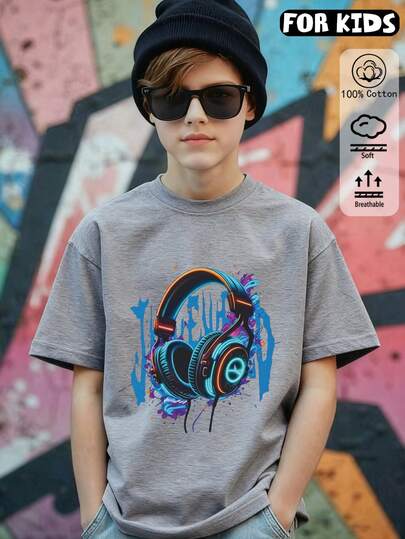 Boys White Short Sleeve Round Neck T-Shirt With Colorful Headphone Print, Casual Style