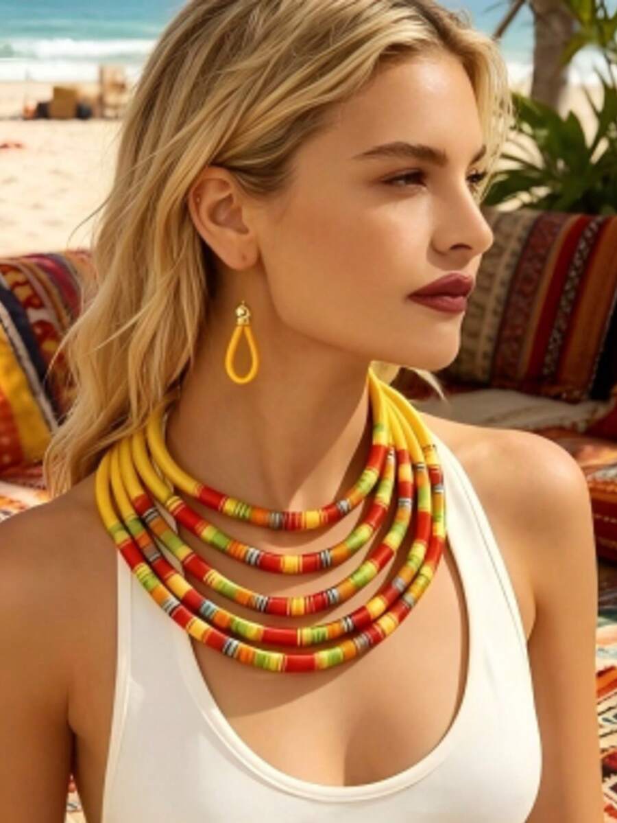 European & American African Cross-Border Bohemian Exaggerated Multi-Layer Colorful Wrapped Necklace - Yellow - View 1