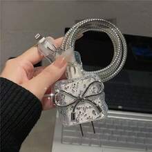 1套Ins甜酷蝴蝶結數據線保護套組，透明外殼防纏繞與防寵物啃咬，甜美少女風通勤旅行便攜收納配件，防塵防油延緩外殼老化泛黃，兼容Apple 18W/20W PD快充，小眾甜酷高顏值送女友禮物 - 銀色大蝴蝶結 - 查看 4