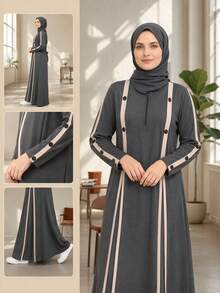 Casual Dark Gray Striped Half-Zip Side Button Decor Long Sleeve Loose Muslim Maxi Dress Fall - Dark Grey - View 1
