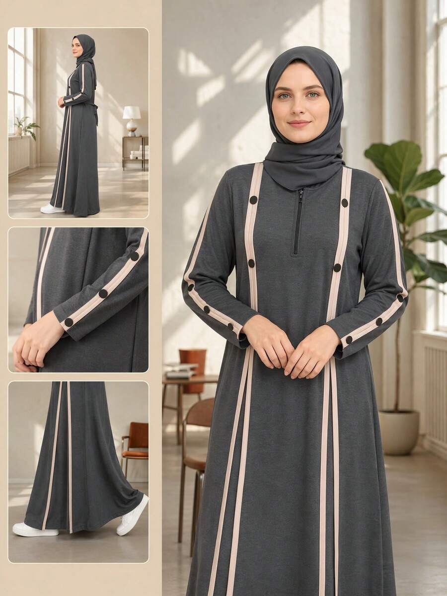 Casual Dark Gray Striped Half-Zip Side Button Decor Long Sleeve Loose Muslim Maxi Dress Fall - Dark Grey - View 1
