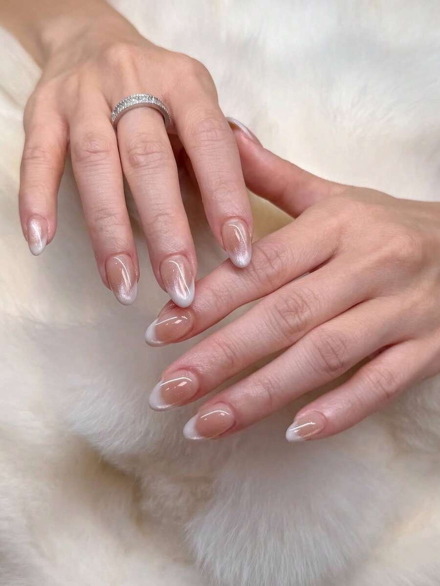30pcs Y2K Short Almond Shape White Gradient French Cat Eye Press-On Nails, Acrylic False Nail Set, Includes 1pc Jelly Glue And 1pc Nail File - Multicolor - View 1