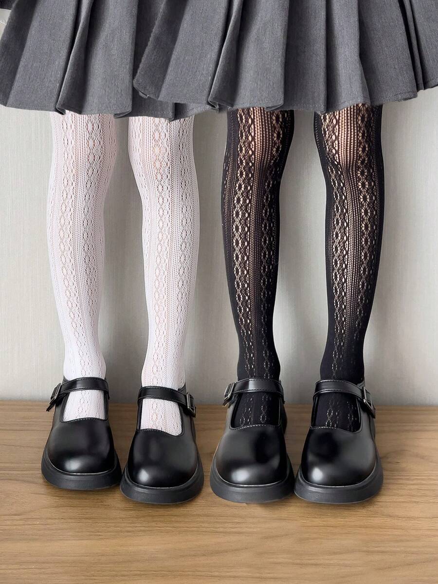 2件組女童幼兒網襪褲襪，黑色白色純色，全腳網襪褲，卡通圓點雪花圖案，提花薄款高彈力全腳緊身襪，舞蹈褲，適合日常上學穿搭，可愛風格，春夏四季通用，適合學生日常聚會穿著，可搭配裙子、短褲、小皮鞋，開學季新學期校園教室穿搭 - 彩色 - 查看 1