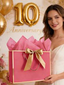 5pcs/Set Gift Bag, Includes 1 Gift Bag, 2 Sheets Of Tissue Paper, 1 Card, With Ribbon Handle Shopping Packaging Bag, Bow Decor, Suitable For Girls, Weddings, Christmas, Thanksgiving, New Year, Valentine's Day, Bridesmaids And Other Occasions - Multicolor - View 3