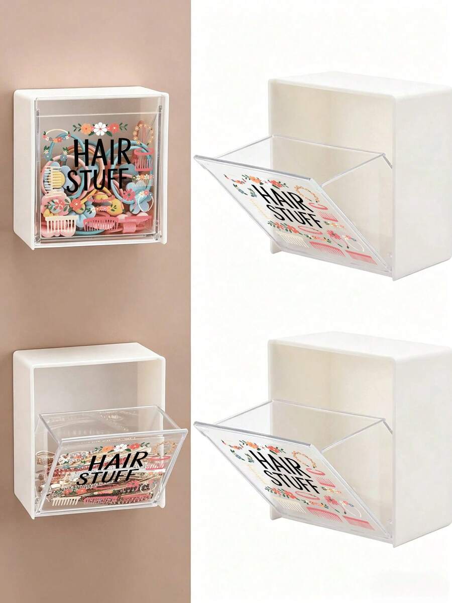Wall-Mounted Storage Box With Cute Hair Accessory Pattern - Cosmetics Organizer, Flip-Top Storage Box, Jewelry Box, Plastic Storage Rack, Storage Box For Cotton Pads, Cotton Swabs, Hair Ties, Lipstick, Used For Organizing And Storing Dental Floss, Hair Bands, Hair Clips, Powder Compacts And Other Items. Suitable For Home, Dorm, Commercial Space, Bathroom, Room Decor, Also Can Be Used As Christmas Or Holiday Gift. - Multicolor - View 1