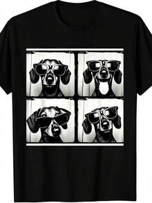 Men'sShortSleeveCrewNeckDachshundWithStylishGlassesPatternStandardVersionBlackAndWhiteDailyWearPureFabricTop2026SummerCasual - 黑色 - 查看 2