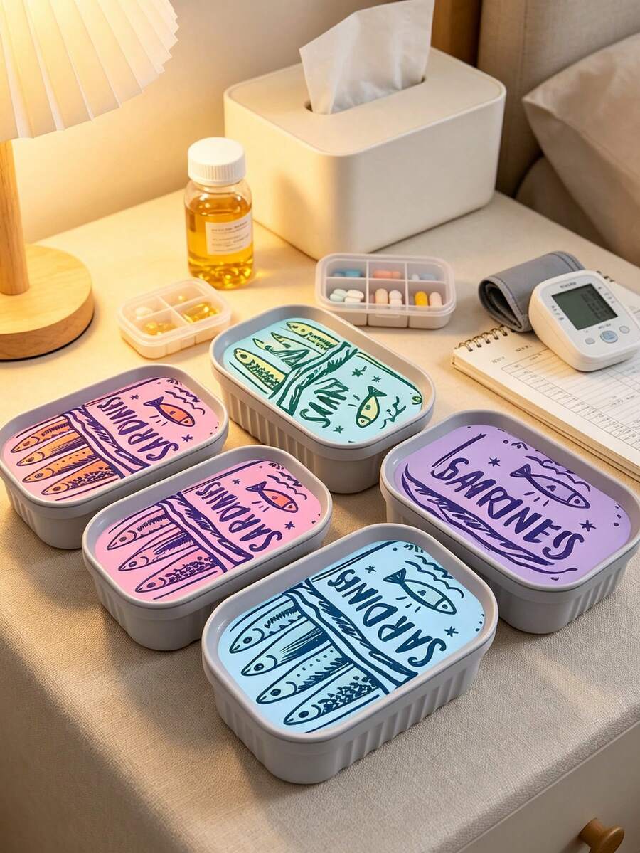 Vintage Fun Sardine Pill Box, Portable Small Pill Box, Cute Fish-Shaped Design, Square Pill Box, Office Worker Pill & Vitamin Storage Box, Handmade Mini Pill Box, Travel Medicine Storage Box, Daily Vitamin Pill Box, For Daily Medication And Vitamins, Essential For Nurses, Emergency Needs, Travel, Hiking Emergency Rescue, Back To School Carry, Unique Gift Choice - Multicolor - View 1