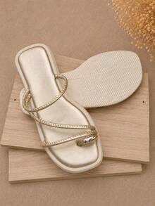 Women's Padded Flip Flops With Pink Toe Elegant Cloud Women's Flat Shoes Outdoor Home Summer - 金色 - 查看 9