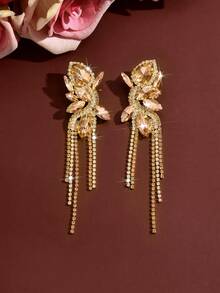 1 Pair Fashion Evening Dangle Earrings, Water Drop Dual-Color Rhinestone Tassel Earrings, Suitable For Women's Formal Occasions, Halloween And Christmas Gifts - Champagne - View 4