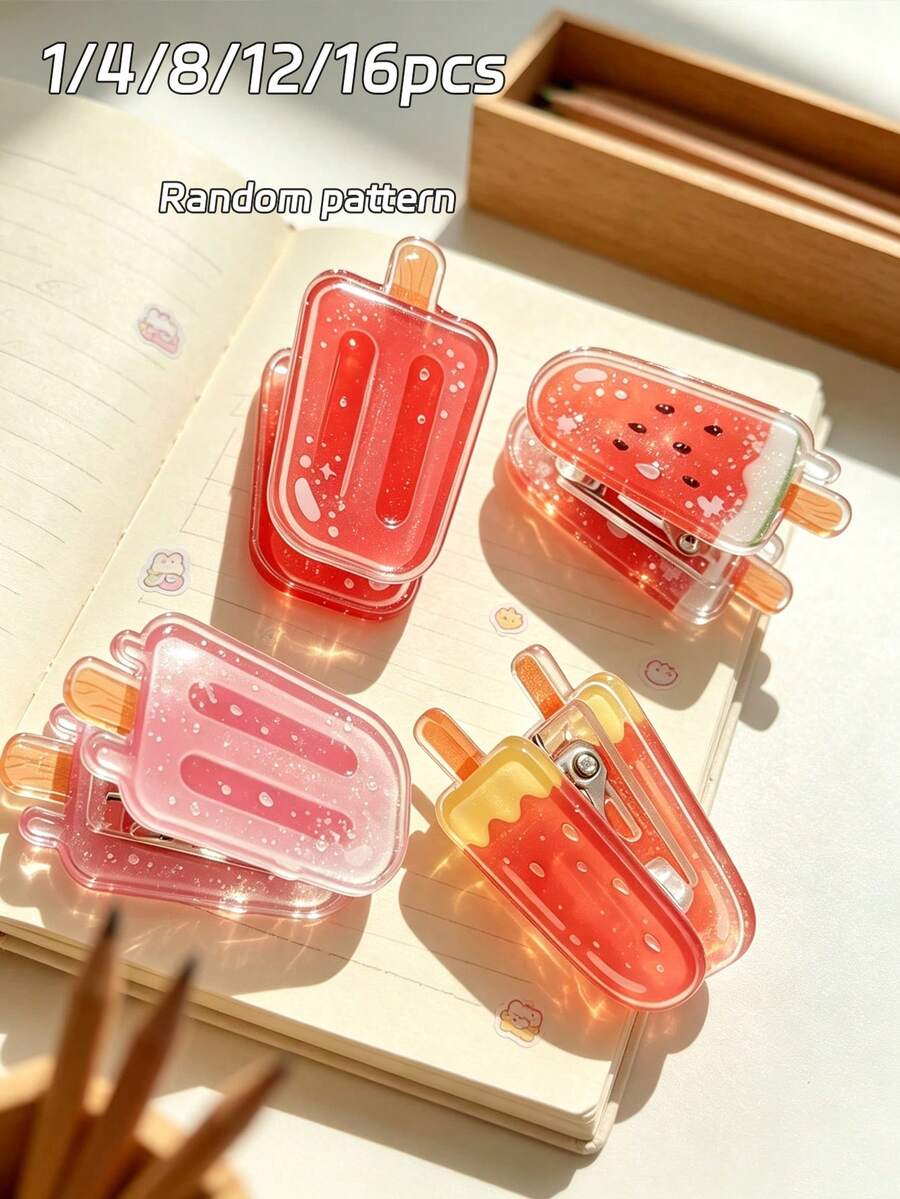 16/12/8/4/1pc Ice Cream Strawberry Watermelon Shaped Multifunctional Acrylic Clips, Summer Ice Cream Popsicle Shaped Storage Clips, Photo Clips, Colorful Folder Clips, Creative Ledger Folder Clips, Sealing Clips, Memo Clips, Diary Decoration Gifts - Multicolor - View 1