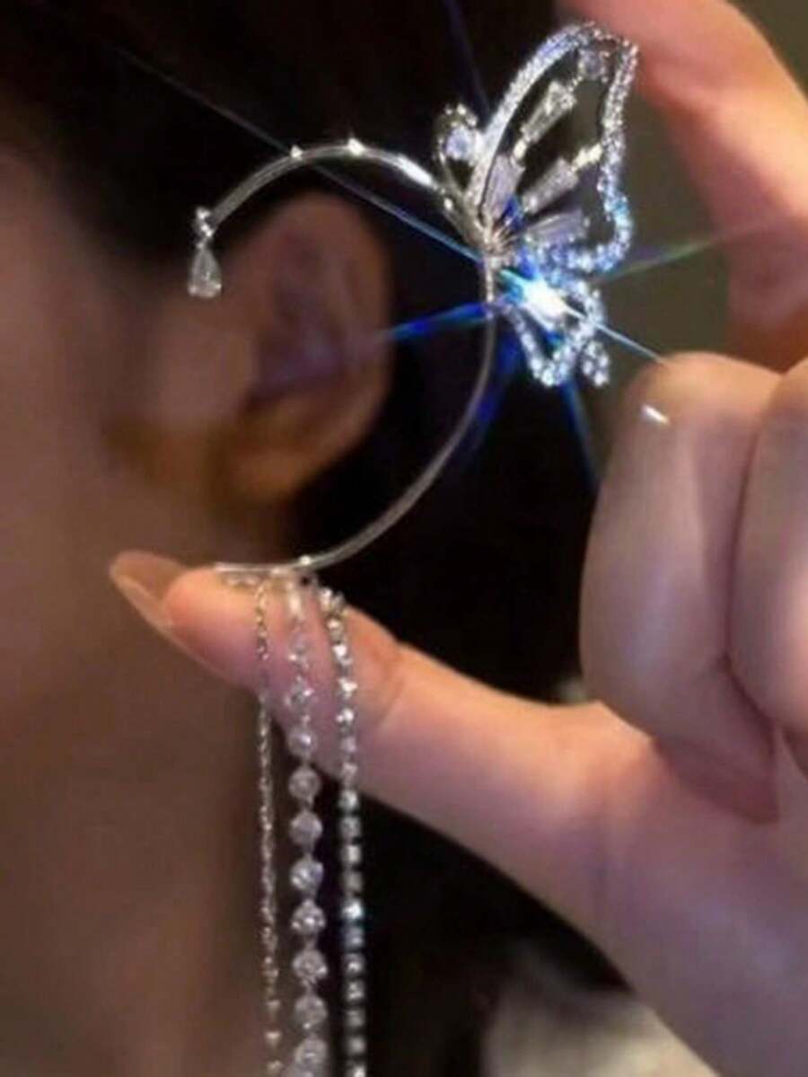 1件裝時尚優雅精緻金色蝴蝶水鑽左耳鉤耳環 女款度假禮物日常配戴珠寶 - 銀-左 - 查看 1