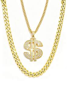 2pcs Hip Hop Punk Gold Necklace Exaggerated Large Chain Set, Vintage Punk Style, Suitable For Party, Halloween, COS - Yellow Gold - View 2
