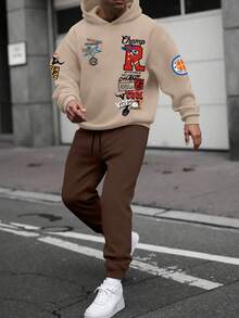Youth Boy Letter Print Warm Hoodie And Pants Set - Apricot - View 4