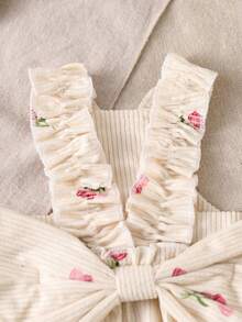 Atasan Corduroy Motif Anjing Vintage, Camisole Bergaris Vertikal Corduroy Motif Kartun Bunga di Seluruh Permukaan dengan Hiasan Ruffle - Aprikot - View 5