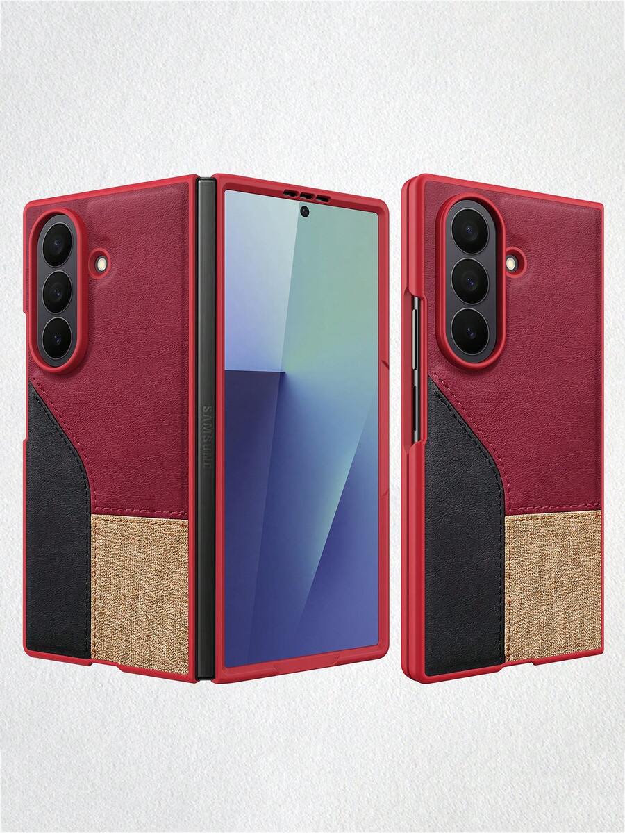 VIETAO 時尚拼接人造皮革 Galaxy Z Fold 5/6/7 手機殼,附鋼化玻璃螢幕保護貼 - 紅色 - 查看 1