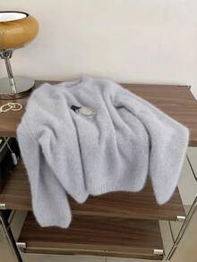 Light Gray Soft Knit Round Neck Sweater Women Autumn Winter Loose Slouchy Slimming Knit Top - Light Grey - View 4