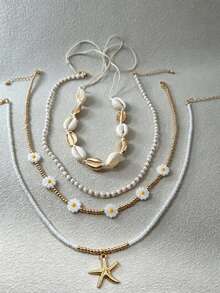imoli 4pcs Bohemian Style Clover Resin Beaded Starfish Pendant Necklace Set, Suitable For Middle East Ramadan, Beach Party, Gift (Handmade Necklace Customized By Size, Bead Quantity & Size Varies) - Multicolor - View 12