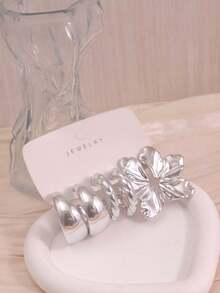 3/9 Pairs Silver Stud Earrings Set, Twisted Rope, Petal Shape, C-Hoop, Round Smooth C-Hoop Silver Earrings, Suitable For Daily Wear, Travel, Vacation Or Gift For Friends And Family - Silver - View 8