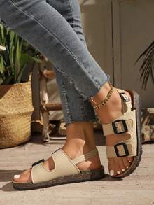 Sandal Platform Wanita, Tali Ganda yang Dapat Diatur, Mudah Dipakai/Dilepas, Penggunaan Kasual Sehari-hari - Krem - View 4