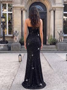 Modphy Sequin Strapless Sleeveless Fitted Evening Gown With Belt, Wedding Style - Black - View 7