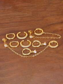 8PCS Classic Geometry Hoop Earrings Set For Women 18K Gold Plated Fashion Tassel Chain Ear Stud Unique C-Shaped Ear Clip Korean Fashion Jewelry - 8PCS-gold - View 3