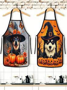 2Pcs Halloween Dog Witch Hat Apron Set, Cute Pumpkin Fall Canine Kitchen Apron, Spooky Autumn Pet Jack O Lantern Bat Cooking Apron, Halloween Chef Apron For Baking Grilling - Multicolor - View 10