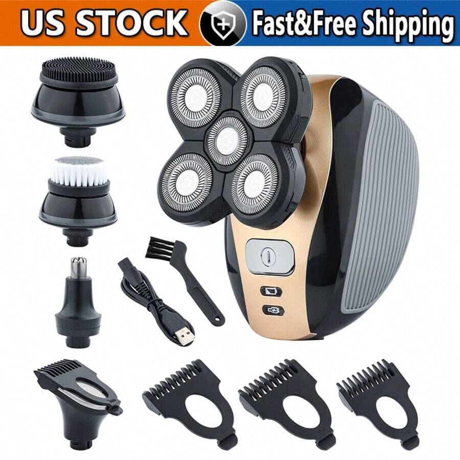 5-In-1 Rotary Electric Shaver 4D Rechargeable Bald Head Hair Beard Trimmer Razor - Khaki - View 1