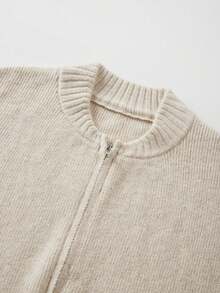 Plus Size Spring/Autumn New Solid Color Round Neck Zip-Up Knit Cardigan For Women, Loose Slouchy Korean Style Elegant Casual Top, Summer Top Fall - Apricot - View 7