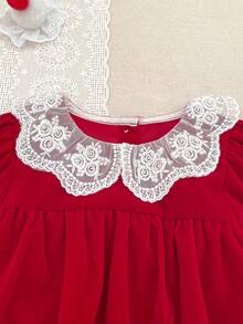 Christmas Baby Girl Bodysuit Romper, Spring/Autumn, Ruffled Collar, Red Princess Style Holiday Outfit - Red - View 4