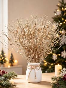 10/5pcs Artificial Glitter Plant Stems With Berries, Sparkling Faux Flower Christmas Tree Decor, Wedding Party, Home Indoor Table, Bedroom Decoration, Christmas Gift, Vine DIY Decoration Accessories, Christmas Tree Christmas Plant Decor - Champagne - View 11