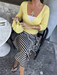 Chic Women's V-Neck Wrap Knit Top With Three Quarter Flare Sleeves Fuzzy Rib-Knit Regular Length Semi-Sheer Slight Stretch For Fall Fashion - Yellow - View 3