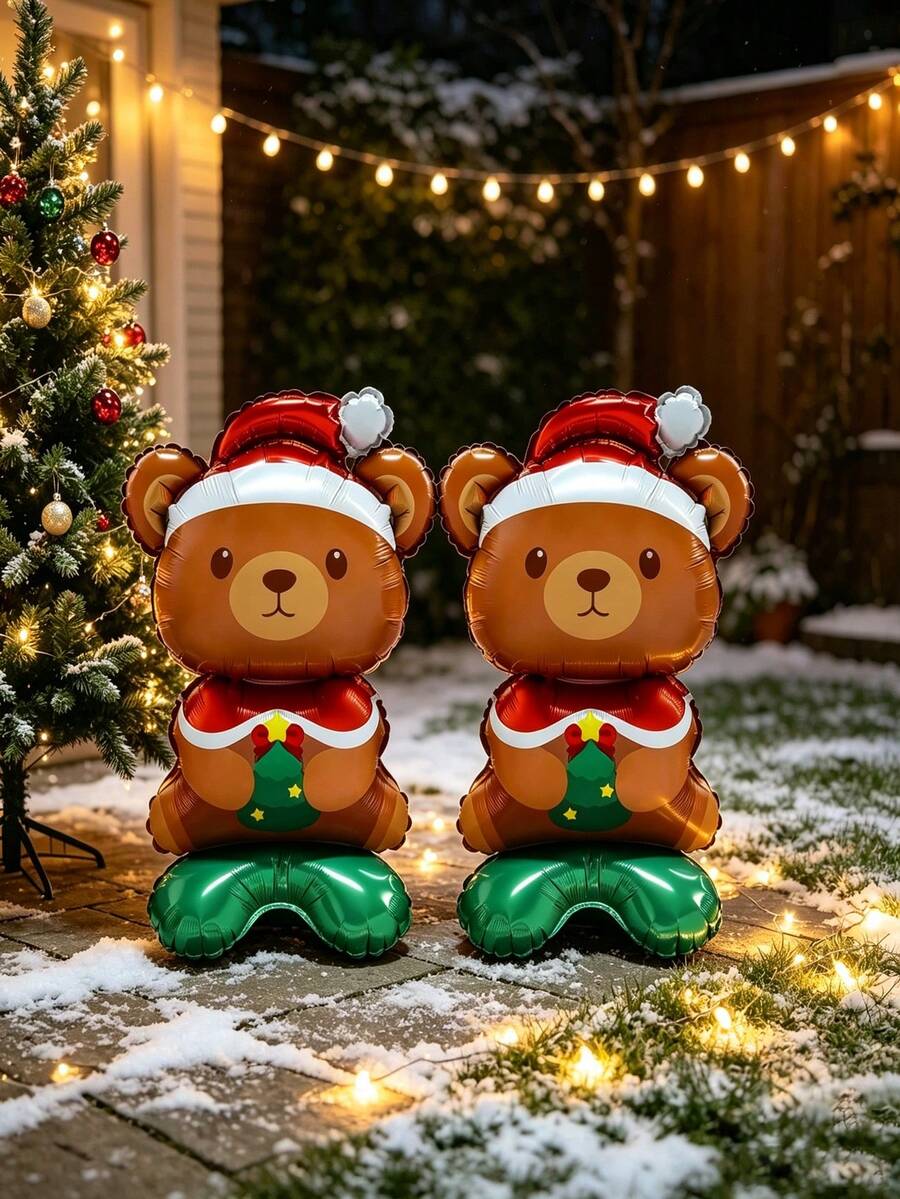 Handheld Small Tree Sitting Bear Inflatable Foil Balloon, Outdoor Yard Snow Scene Decor, Indoor Party Standing Decoration Ornament, Home And Commercial Universal Festival Decoration Prop - Multicolor - View 1