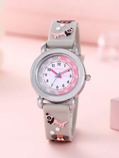 1pc New Candy Striped Cute Puppy Small Dial Watch For Girls, Children Cartoon Image Quartz Watch, Kids Gift Party Birthday Holiday Present