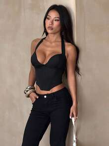 女款夏季黑色露背V領收腰掛脖上衣,休閒、約會、度假、海灘 - 黑色 - 查看 2