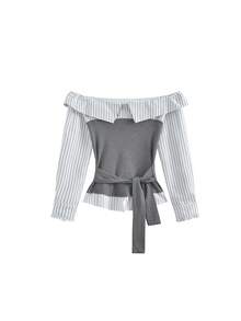Sweet & Spicy 2 In 1 Patchwork Slim Fit Tie-Front Shirt Tops (Random Stripes) - Grey - View 5