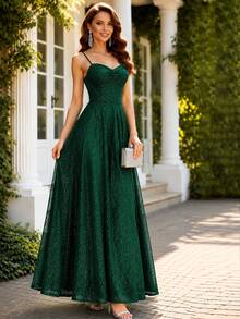 HOMEYEE Women's Sequin Long A-Line Evening Gown, Romantic And Charming Backless Tie-Back Elegant Formal Ball Dress - Dark Green - View 3