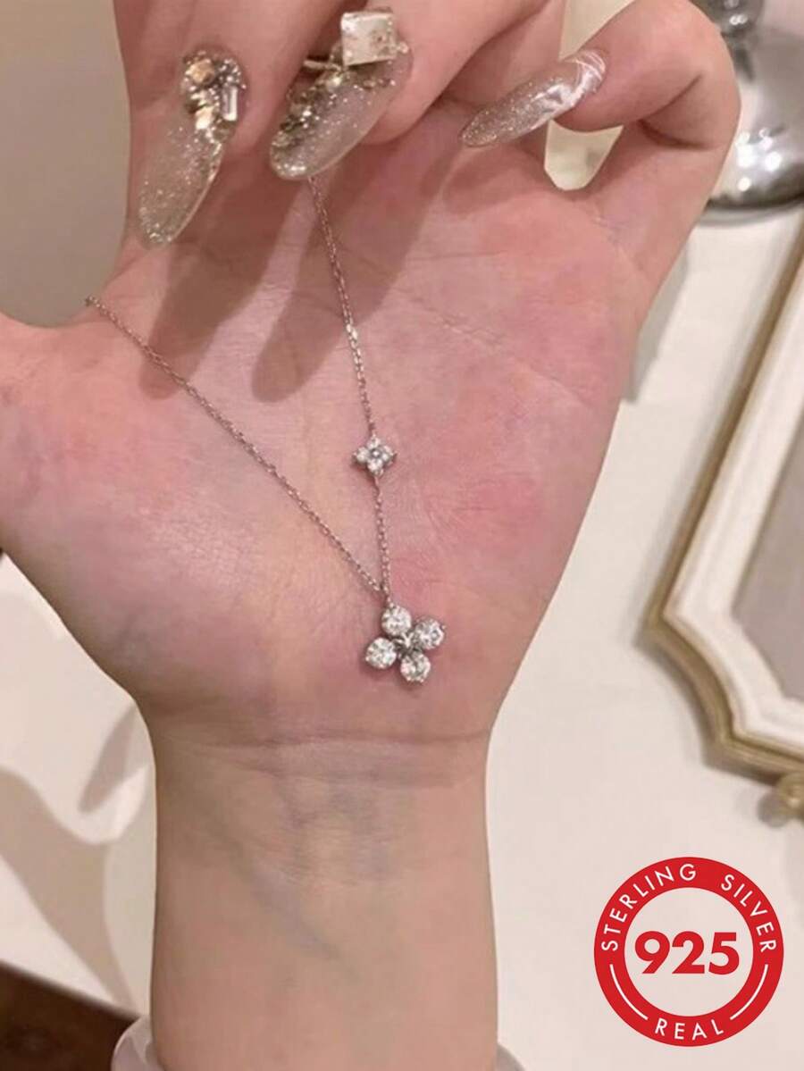 925純銀花朵項鍊女款,輕量奢華百搭鎖骨鏈 - 銀色 - 查看 1