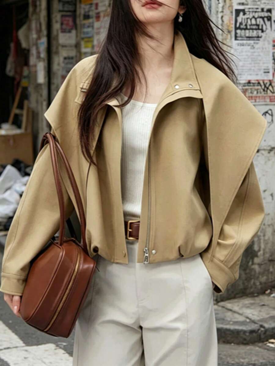 European And American Fashion Women's Casual Commute Versatile Solid Color Zipper Metal Button Shawl Collar Short Jacket Coat Suitable For Daily Wear, Dating, Home, Spring And Autumn - Khaki - View 1