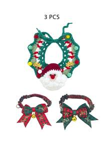 Set di 3 pezzi di costumi natalizi per animali domestici, 2 stili con collare a fiocco con campanello, bavaglino di Babbo Natale lavorato a maglia a mano, accessori fotografici per gatti e cani di piccola taglia - Multicolore - Visualizzare 13