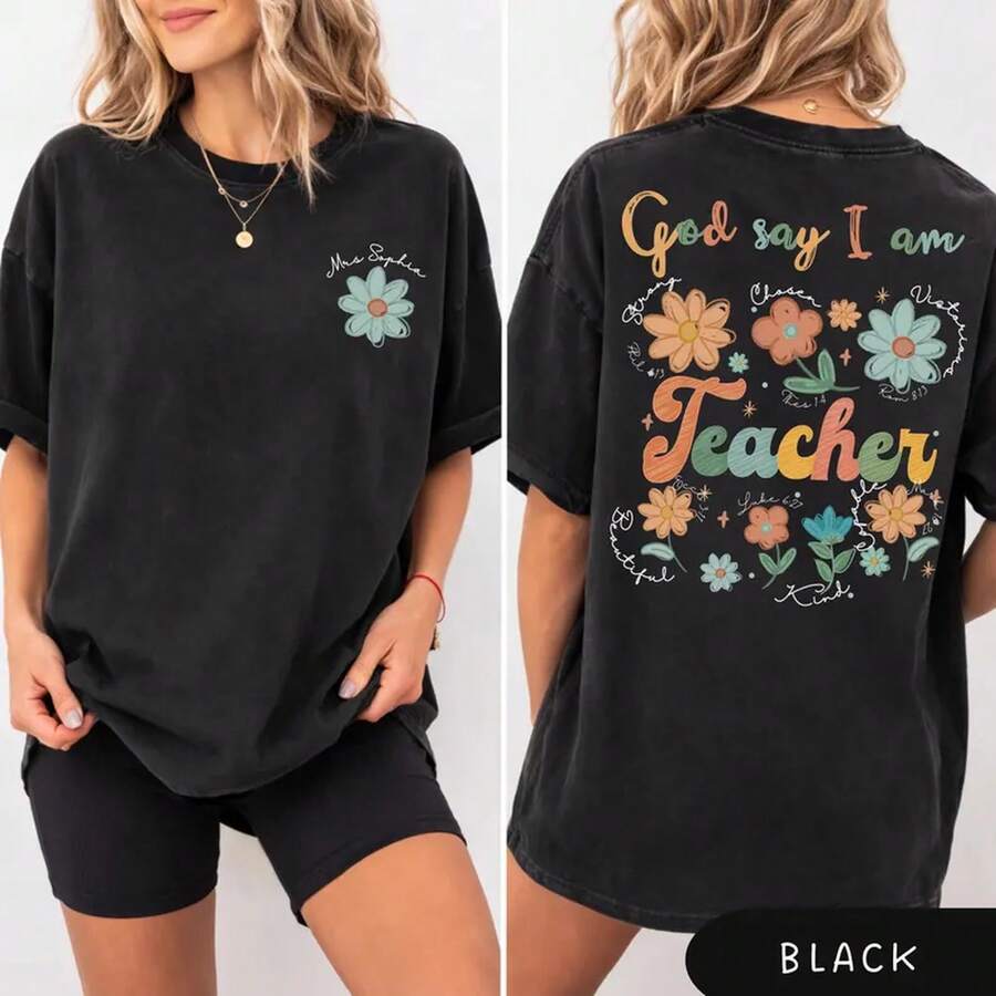 God Says I Am Teacher Shirt, Christian Faith Based Apparel, Inspirational Bible Verse TeeDaily Casual Round Neck Short Sleeve-Shirt Women - Black - View 1