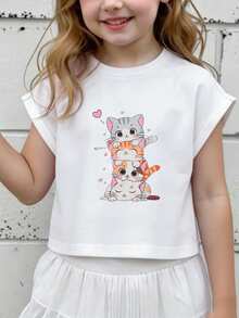 Mädchen Sommer T-Shirt mit kurzen Ärmeln, figurbetontes T-Shirt, Baumwoll-Strickstoff, modischer Streetstyle, süßer Katzen-Print - Weiss - Übersicht 2