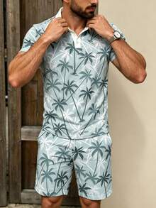 Men's Coconut Tree Digital Print Short Sleeve Polo Shirt And Shorts Set - Multicolor - View 2