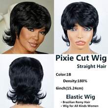 Short Straight Mullet With Bangs Short Pixie Cut Wigs For Women Brazilian Remy Hair Wig 6inch 180% Density Machine Made Glueless Wig For Halloween Natural Color For Daily Wear - Natural Black - View 7