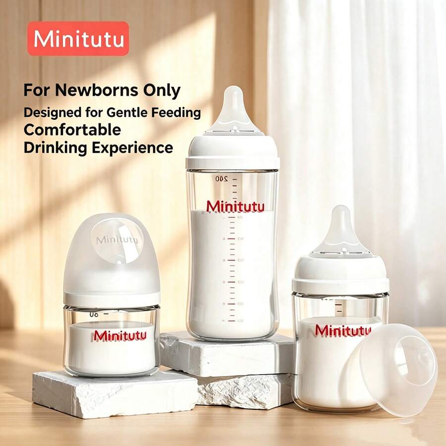 Minitutu Newborn Glass Baby Bottle Wide Mouth Breast-Like Nipple Infant Feeding Bottle 80ML/160ML/240ml - Clear - View 1
