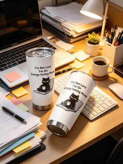 1pc/5pcs 20oz "I'm Not Lazy" Black Cat Laptop Tumbler. Double-Wall Vacuum Stainless Steel With Lid & Straw. Perfect For Travel, Outdoor & School. Ideal Gift For Cat Lovers, Office Workers, Friends & Family.