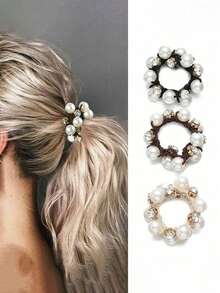 3pcs Minimalist Korean Style Elegant Pearl Rhinestone Hair Ties, High Ponytail Hair Bands, Suitable For Women's Daily Wear - Multicolor - View 2