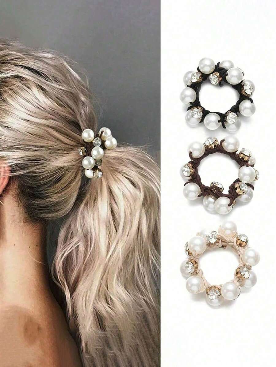 3pcs Minimalist Korean Style Elegant Pearl Rhinestone Hair Ties, High Ponytail Hair Bands, Suitable For Women's Daily Wear