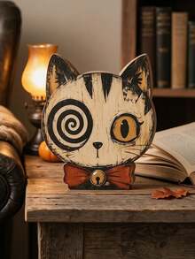 6pcs/1pc Vintage Halloween Indoor Decor, 15cm/5.91in Halloween Cat Wooden Shelf Decor Blocks, Skull, Black Cat, Primitive Style Halloween Decoration, Housewarming Gift, Gothic Style Wooden Cat Head, Handmade Distressed Antique Skull Cat Head, Indoor Decoration, Vintage Wooden Block Shelf Decor, 6 Styles Available, Collectible Figurines - Multicolor - View 17